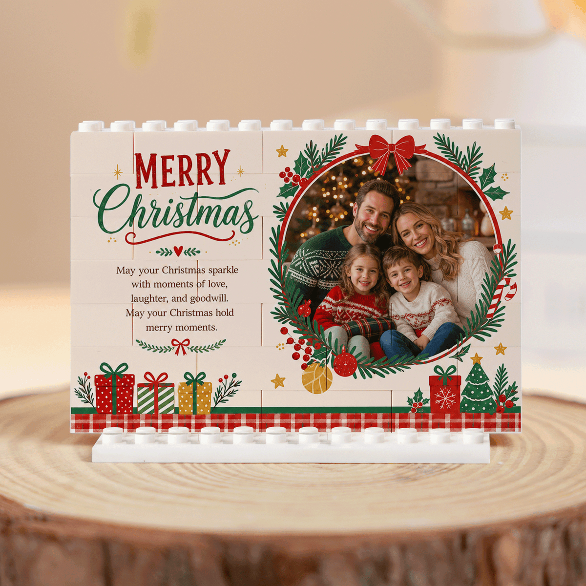 Personalized Photo Christmas Building Block in Cream White, Custom Family Picture Pine Wreath & Red Bow Brick Puzzle Keepsake Decor, Festive Holiday Desk Gift