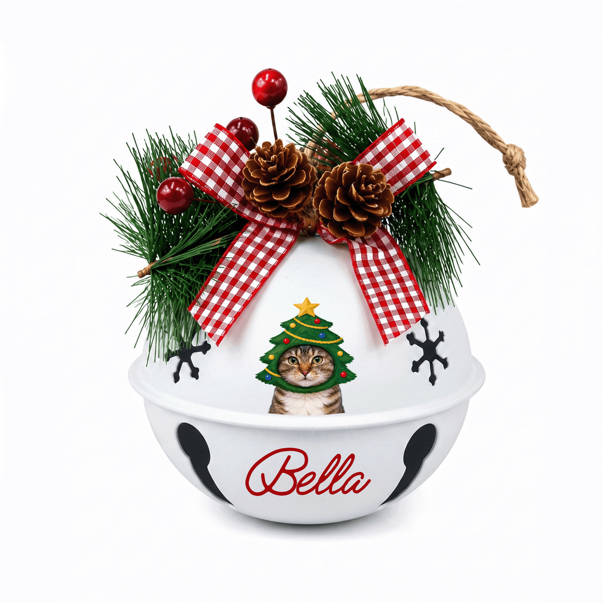 Personalized Christmas Tree Cat White Jingle Bell Ornament, Custom Cat Name Pet Lover Holiday Decor, Rustic Metal Bell with Bow & Pinecone Accents