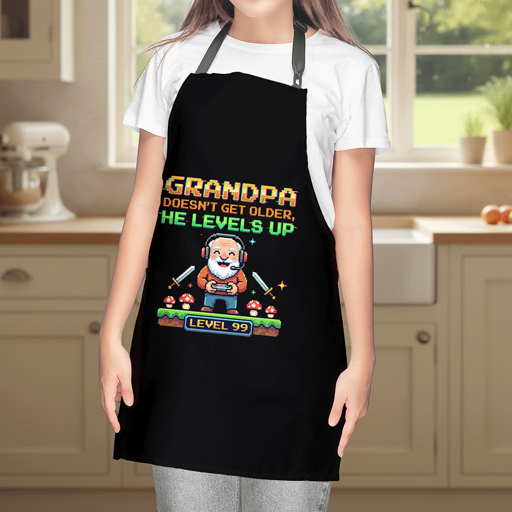 Grandpa Doesn't Get Older He Levels Up Apron – Funny Grandpa BBQ & Cooking Apron Gift