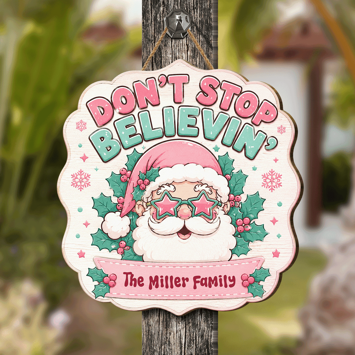 Personalized Don't Stop Believin' Retro Santa Custom Shape Wood Sign, Custom Family Name Pink Santa Star Glasses Wooden Hanging Plaque, Groovy Holiday Door & Wall Decor Family Gift