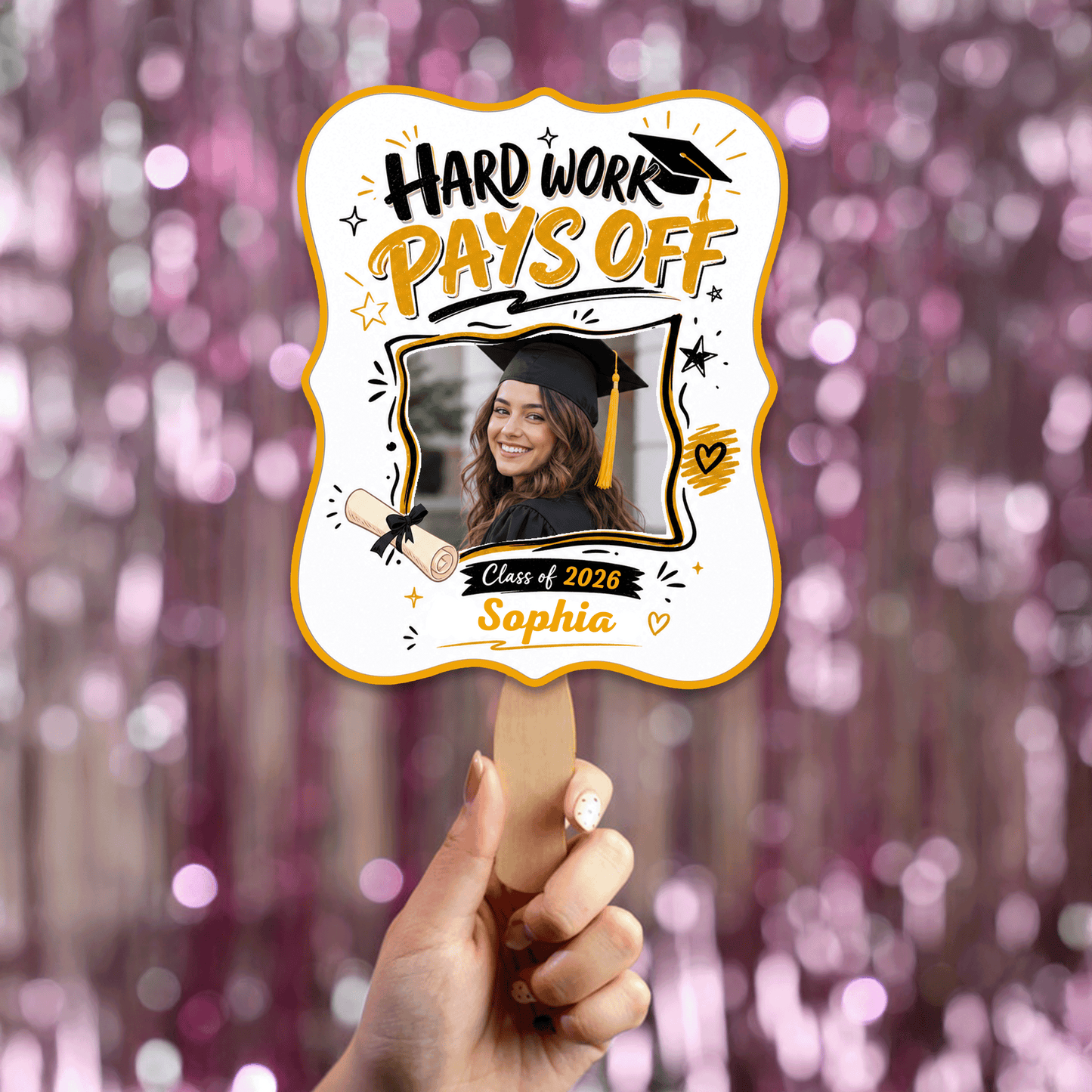 Personalized Hard Work Pays Off Custom Shape Photo Hand Fan, Graduation Fan with Photo & Name