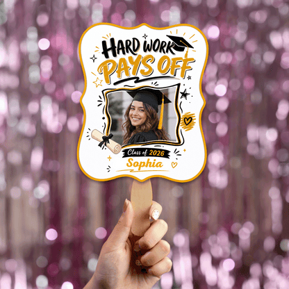 Personalized Hard Work Pays Off Custom Shape Photo Hand Fan, Graduation Fan with Photo & Name