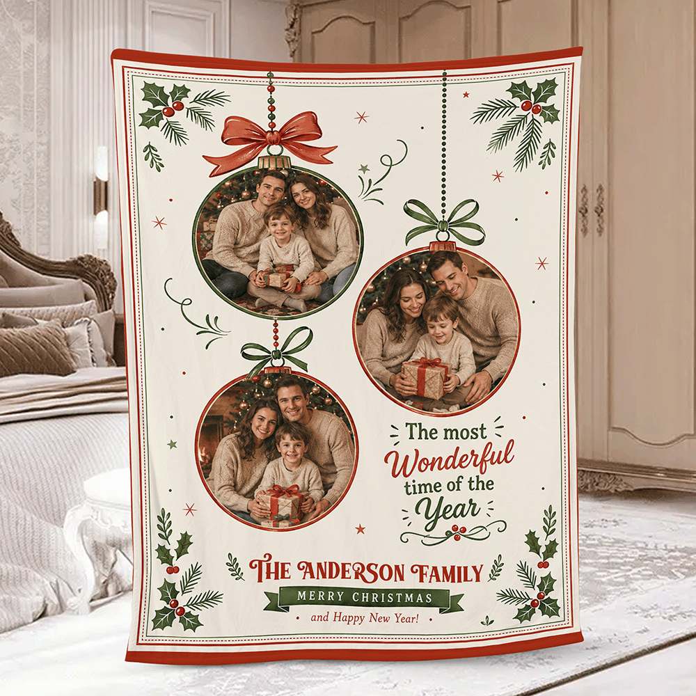 Christmas fleece blanket with three custom photos in hanging ornaments, The Most Wonderful Time of the Year and family name