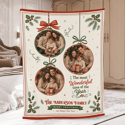 Christmas fleece blanket with three custom photos in hanging ornaments, The Most Wonderful Time of the Year and family name