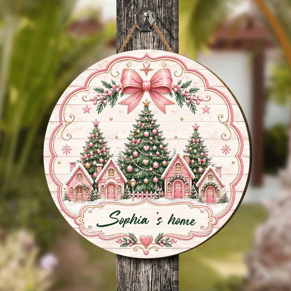Personalized Pink Christmas Village Houses Custom Shape Wood Sign, Custom Family Name Pink Gingerbread Winter Cottage Wooden Hanging Plaque, Pastel Holiday Door & Wall Decor Family Gift