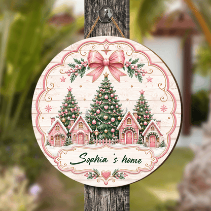 Personalized Pink Christmas Village Houses Custom Shape Wood Sign, Custom Family Name Pink Gingerbread Winter Cottage Wooden Hanging Plaque, Pastel Holiday Door & Wall Decor Family Gift
