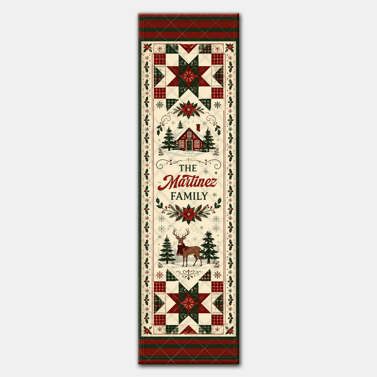 Personalized Family Name Plaid Star & Winter Reindeer Quilt Table Runner, Custom Christmas Cabin Quilted Table Topper Decor, Vintage Farmhouse Holiday Dining Table Runner