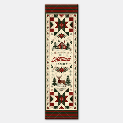 Personalized Family Name Plaid Star & Winter Reindeer Quilt Table Runner, Custom Christmas Cabin Quilted Table Topper Decor, Vintage Farmhouse Holiday Dining Table Runner