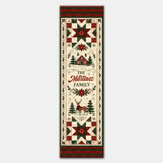 Full length farmhouse runner design with red and green plaid star blocks, winter cabin, deer and pines