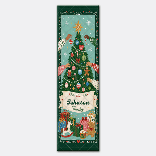 Full length decorating the tree runner design with star topper, rocking horse, teddy bear and gifts below family name