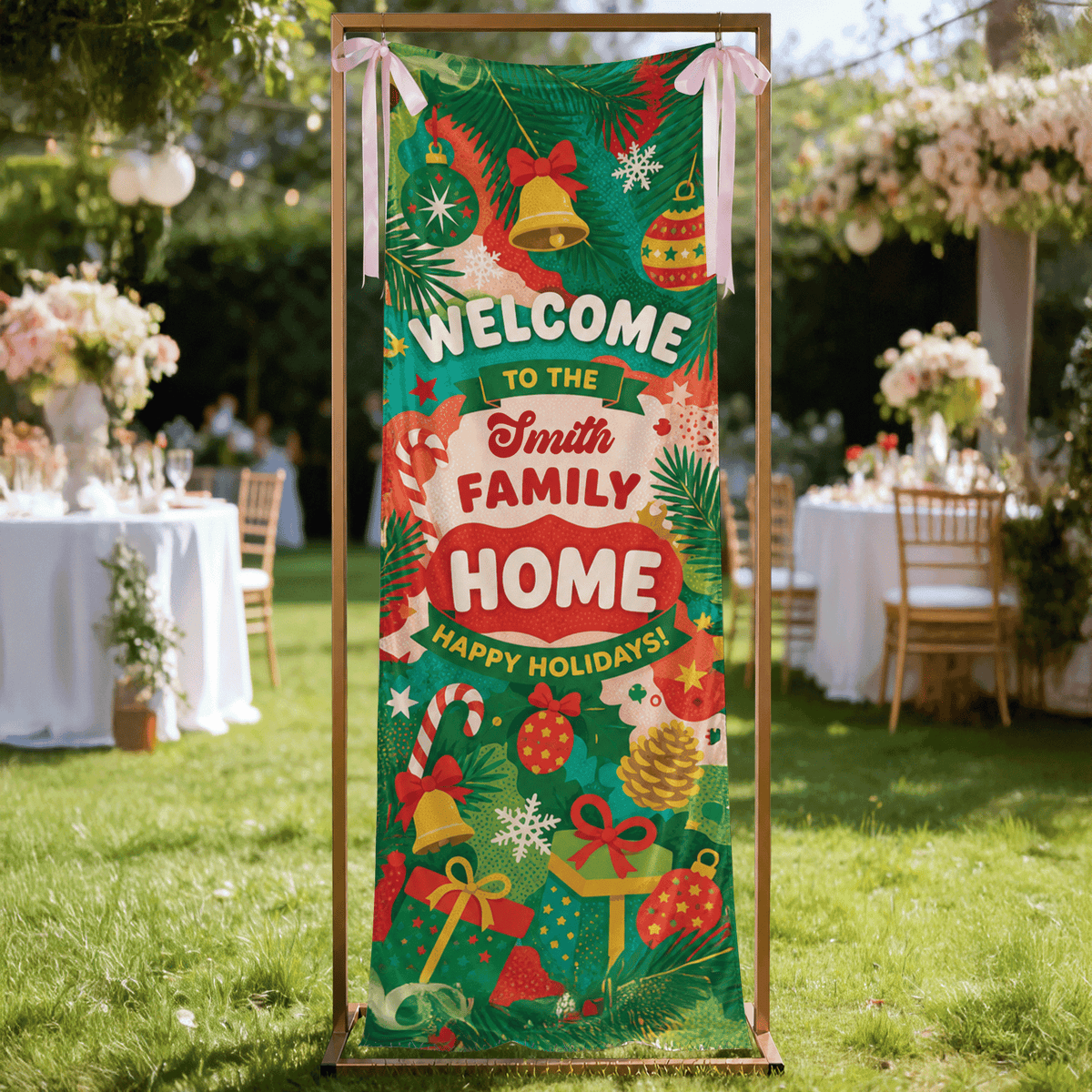 Festive Green Christmas Bell Family Fabric Welcome Banner, Personalized Family Name Home Entrance Hanging Sign with Ribbon Ties, Vibrant Pine & Gift Xmas Party Decor
