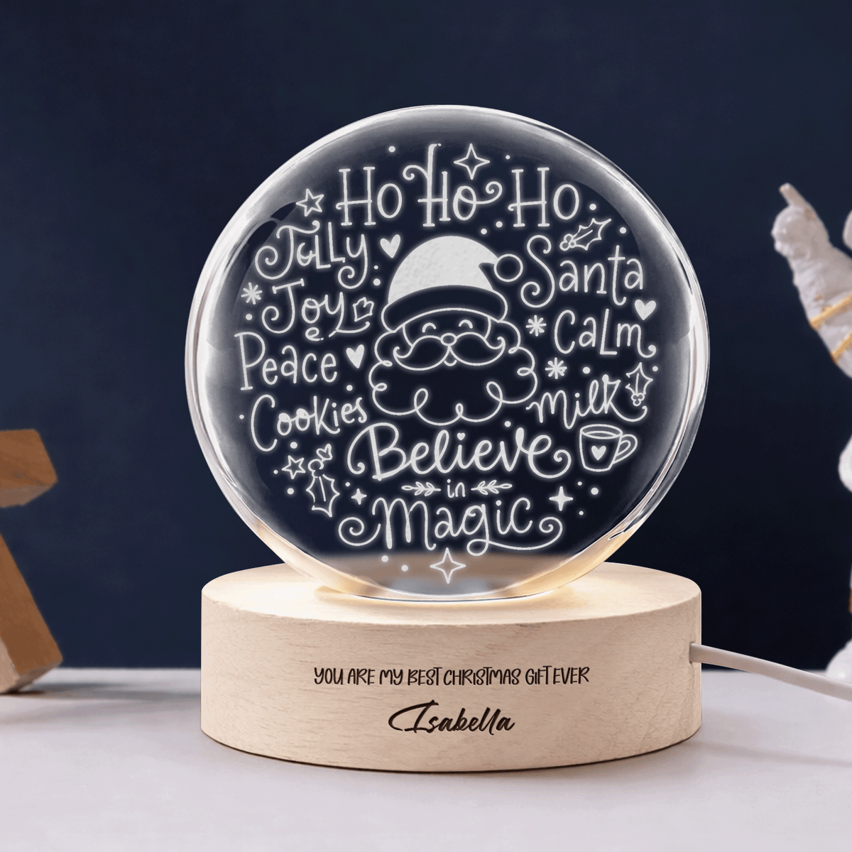 Custom Santa Face Believe In Magic Words 3D Laser Engraved Crystal Ball with LED Wooden Standee, Personalized Name Holiday Night Light Keepsake