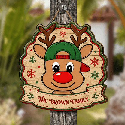 Personalized Cute Reindeer Baseball Cap Custom Shape Wood Sign, Custom Family Name Rudolph Wooden Hanging Plaque, Festive Holiday Door & Wall Decor Family Gift