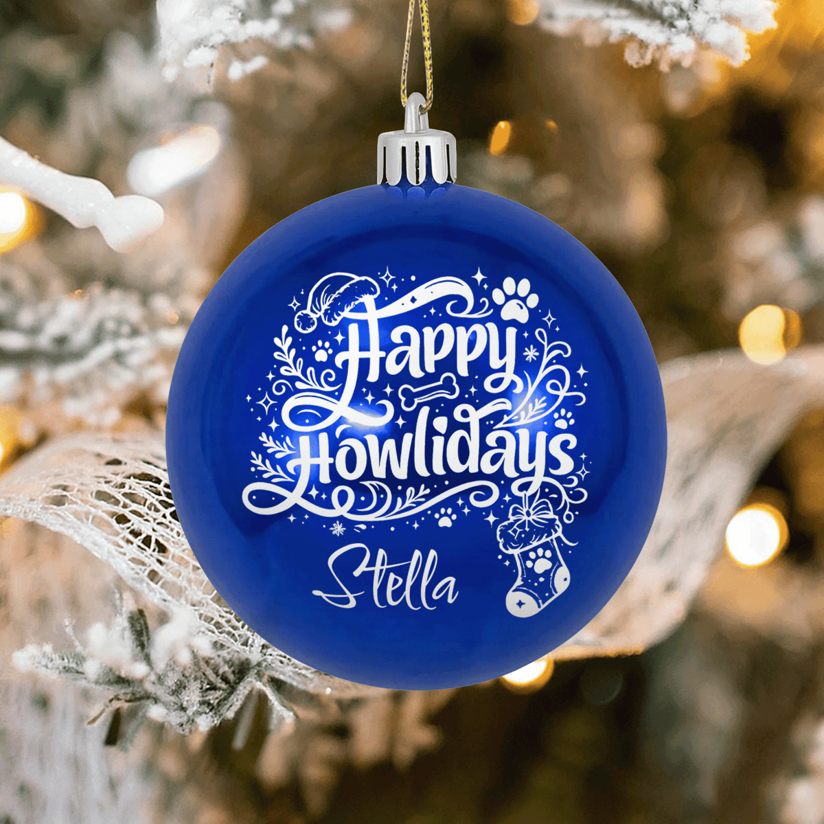 Personalized Dog Name Happy Howlidays Christmas Ball Ornament, Custom Pet Blue Shatterproof Plastic Bauble