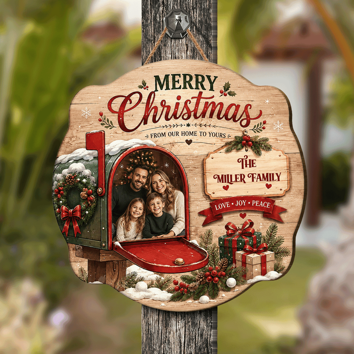 Personalized Merry Christmas Mailbox Photo Custom Shape Wood Sign, Custom Family Picture Name From Our Home To Yours Wooden Hanging Plaque, Festive Holiday Door & Wall Decor Family Gift
