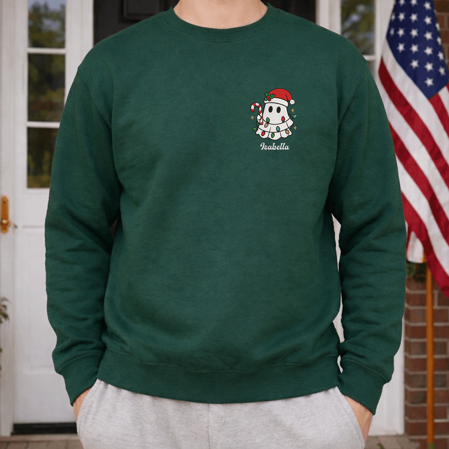 Personalized Cute Christmas Ghost Embroidered Sweatshirt, Custom Name Spooky Holiday Crewneck, Funny Christmas Ghost Sweatshirt Gift