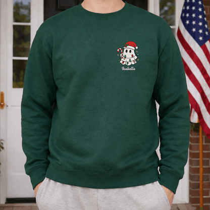 Personalized Cute Christmas Ghost Embroidered Sweatshirt, Custom Name Spooky Holiday Crewneck, Funny Christmas Ghost Sweatshirt Gift