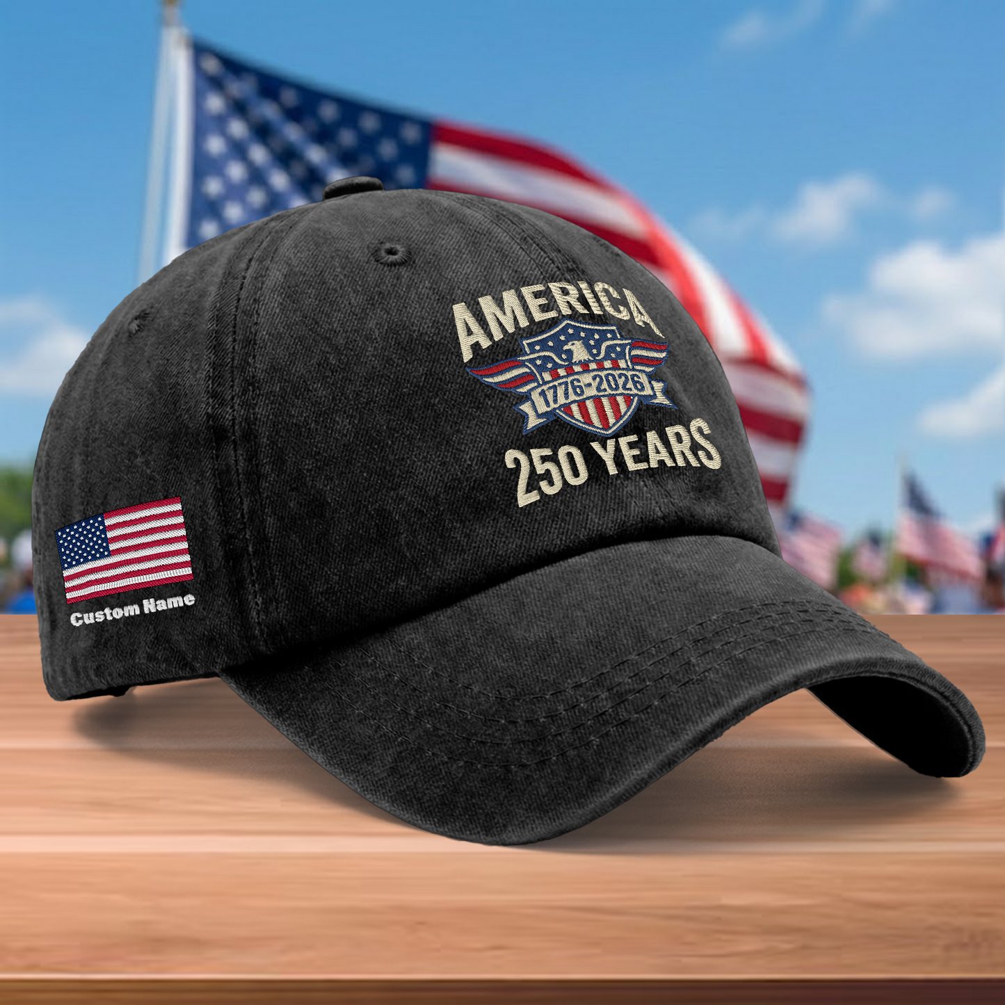America 250th Anniversary 1776-2026 Embroidered Baseball Cap – Custom Name Patriotic USA Washed Denim Hat