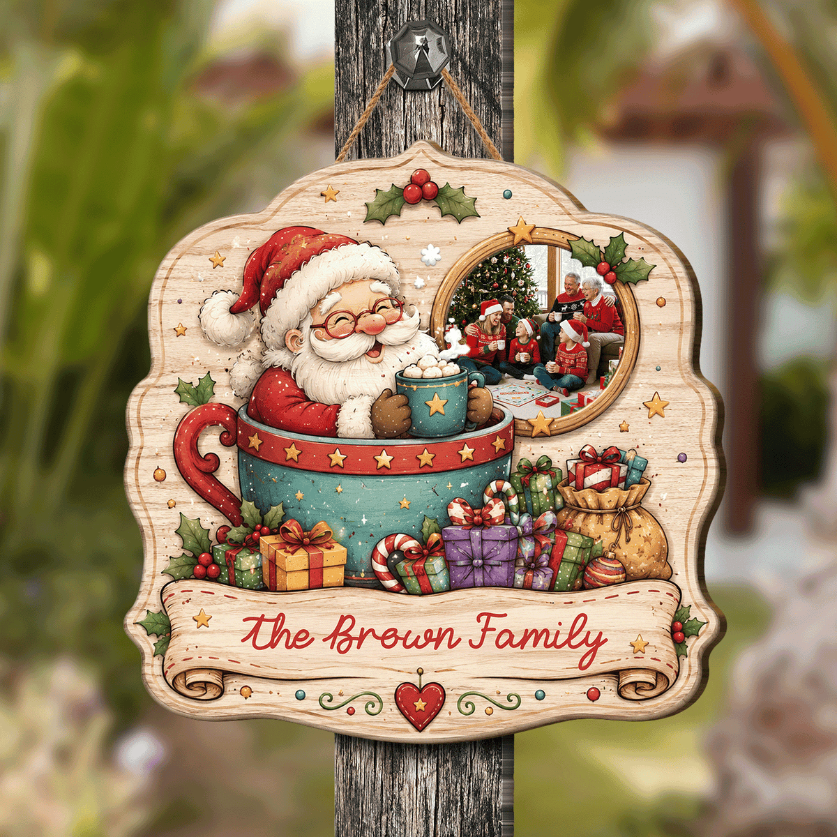 Personalized Santa in Teacup Photo Custom Shape Wood Sign, Custom Family Picture Name Hot Chocolate Wooden Hanging Plaque, Cozy Holiday Door & Wall Decor Family Gift