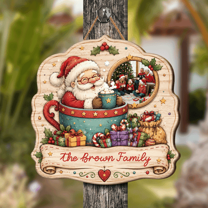 Personalized Santa in Teacup Photo Custom Shape Wood Sign, Custom Family Picture Name Hot Chocolate Wooden Hanging Plaque, Cozy Holiday Door & Wall Decor Family Gift