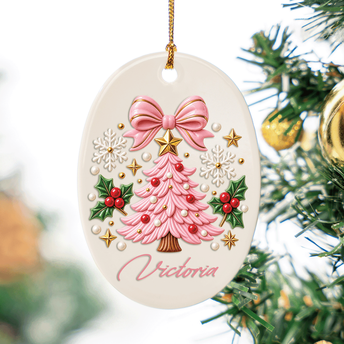 Personalized Pink Christmas Tree Ceramic Oval Ornament, Custom Name Xmas Tree Hanging Decor Keepsake, Pretty Pink Holiday Gift