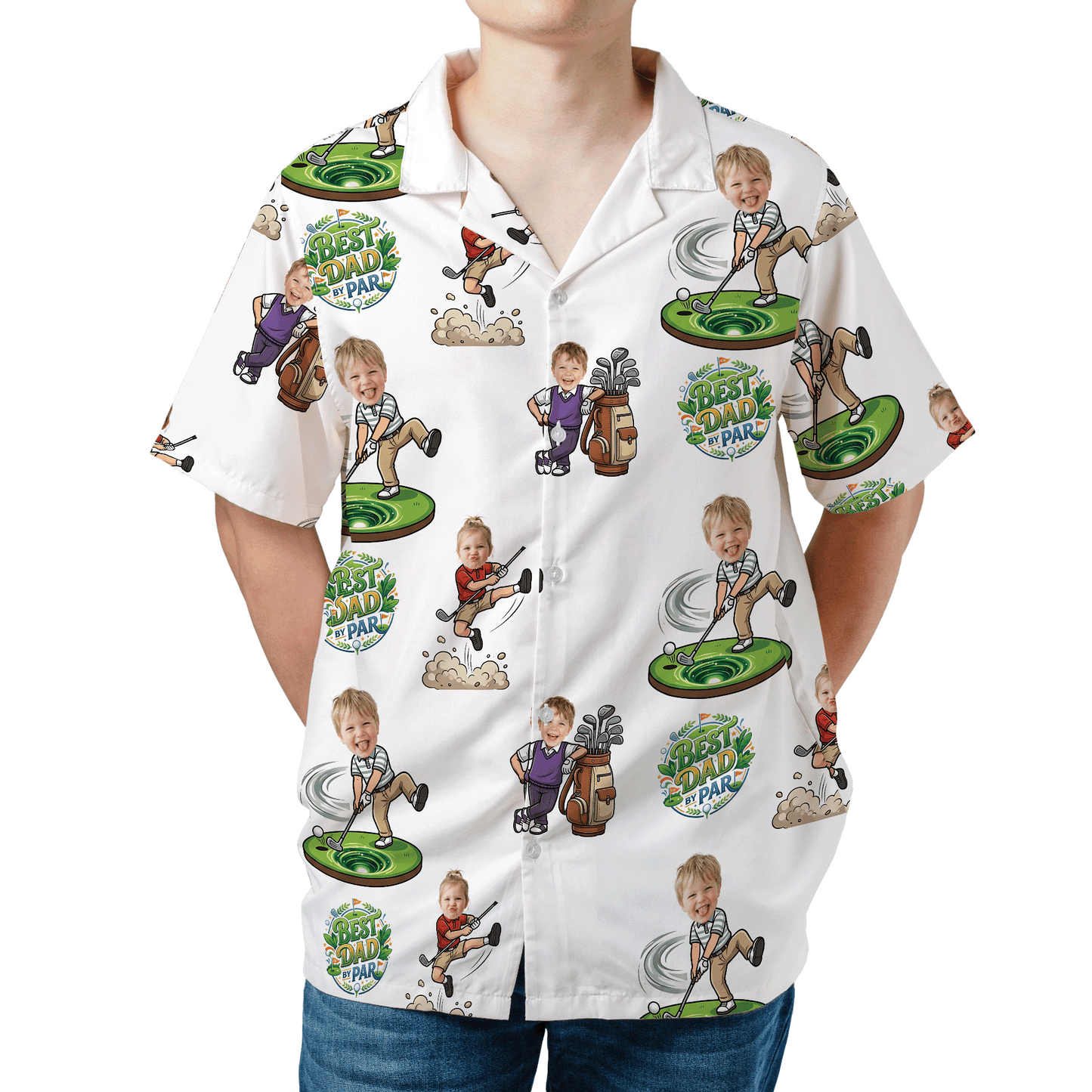 Custom Golf Hawaiian Shirt With Kids Face – Funny Father’s Day Golf Gift for Dad, Personalized Aloha Shirt