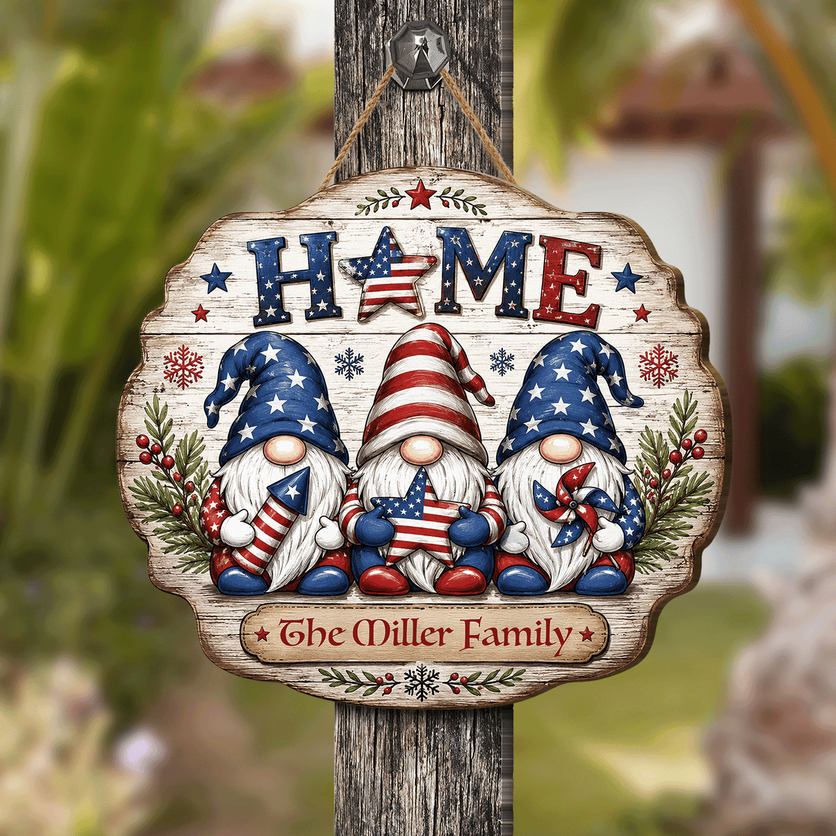 Personalized Patriotic Gnomes HOME Custom Shape Wood Sign, Custom Family Name US Flag Patriotic Gnomes Hanging Wooden Plaque, Patriotic 4th of July & Holiday Door Wall Decor Family Gift