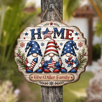 Personalized Patriotic Gnomes HOME Custom Shape Wood Sign, Custom Family Name US Flag Patriotic Gnomes Hanging Wooden Plaque, Patriotic 4th of July & Holiday Door Wall Decor Family Gift