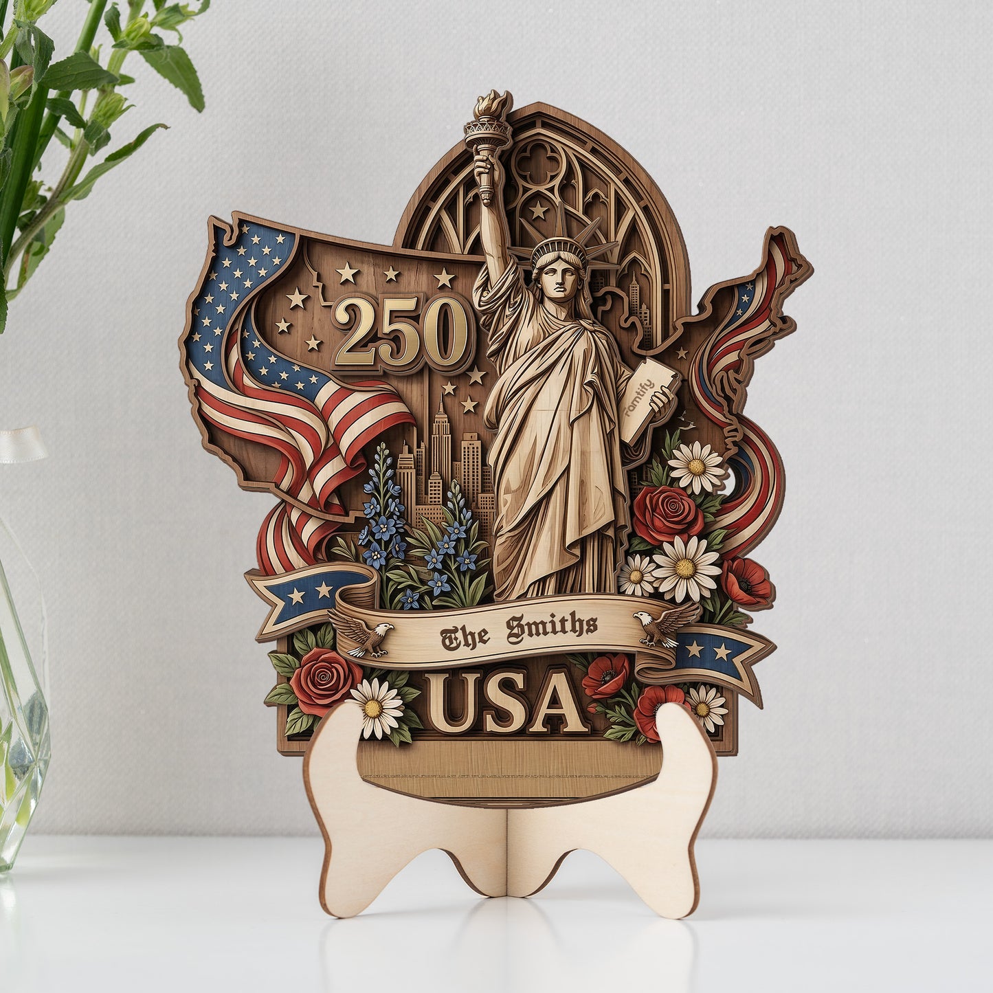 USA 250th Anniversary 2 Layer Wood Sign Statue Of Liberty Patriotic Custom Family Name Decor