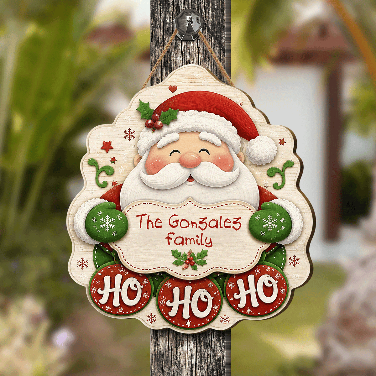 Personalized Smiling Santa Ho Ho Ho Custom Shape Wood Sign, Cute Christmas Door Hanger Custom Family Name Green Mittens Holding Plaque Wooden Sign, Holiday Wall Decor & Family Gift