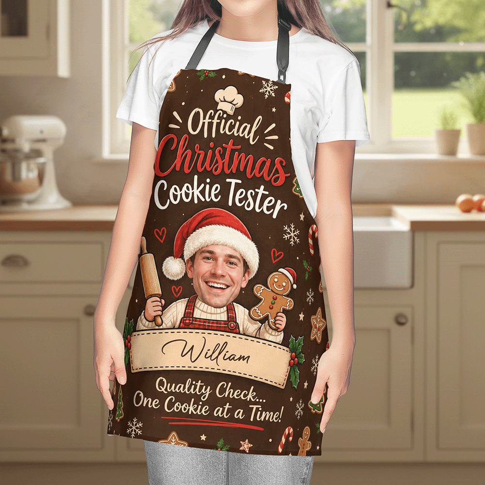 Personalized Christmas Cookie Tester Apron with Photo & Name, Official Christmas Cookie Tester Custom Apron, Holiday Baking Gift for Dad, Mom & Family