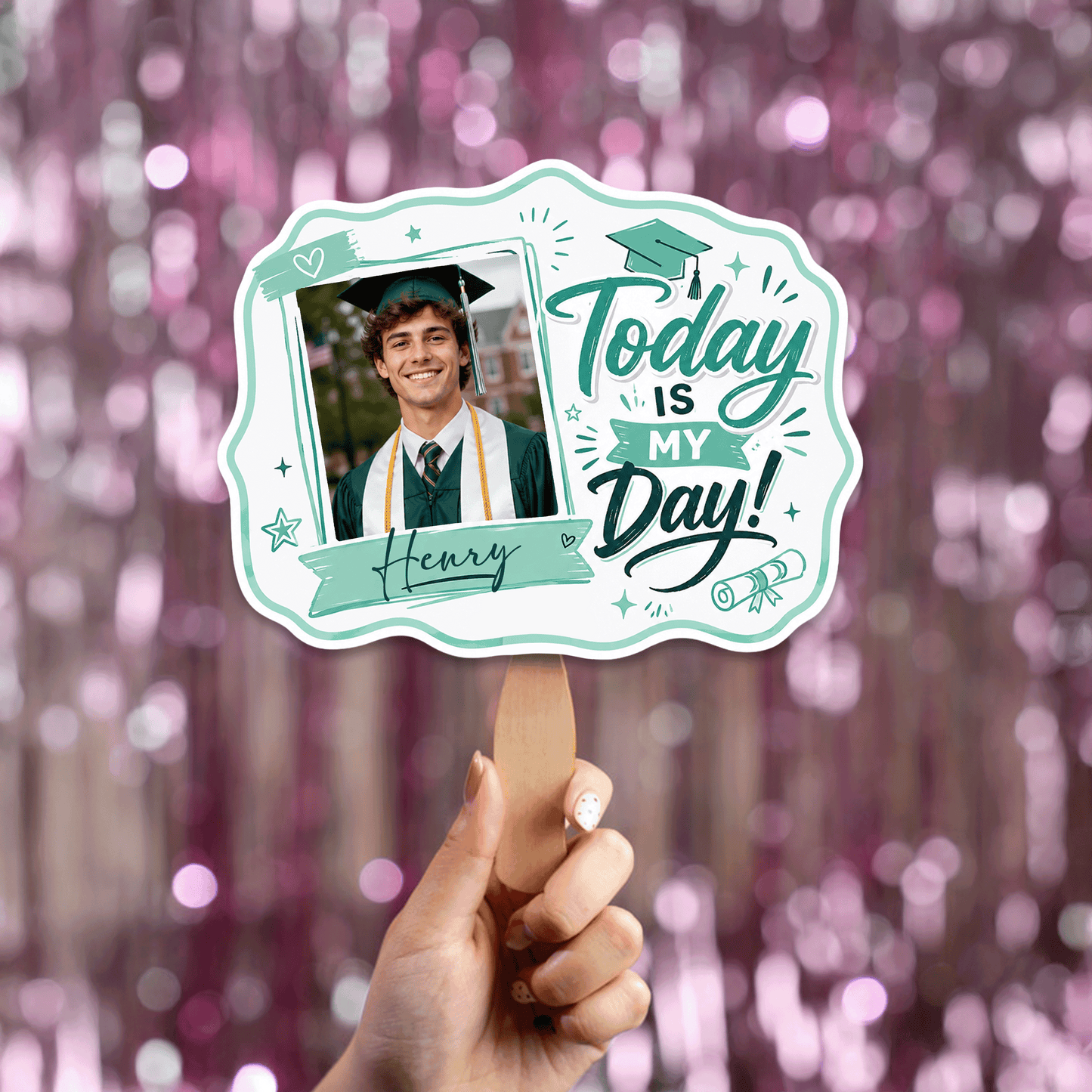 Personalized Today Is My Day Green Custom Shape Photo Hand Fan, Graduation Fan with Photo & Name