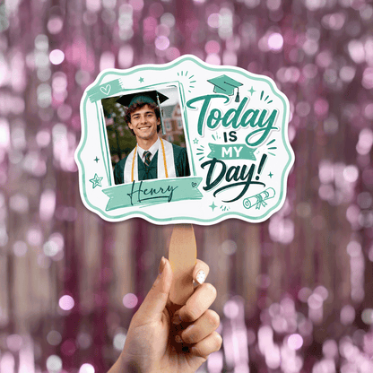 Personalized Today Is My Day Green Custom Shape Photo Hand Fan, Graduation Fan with Photo & Name