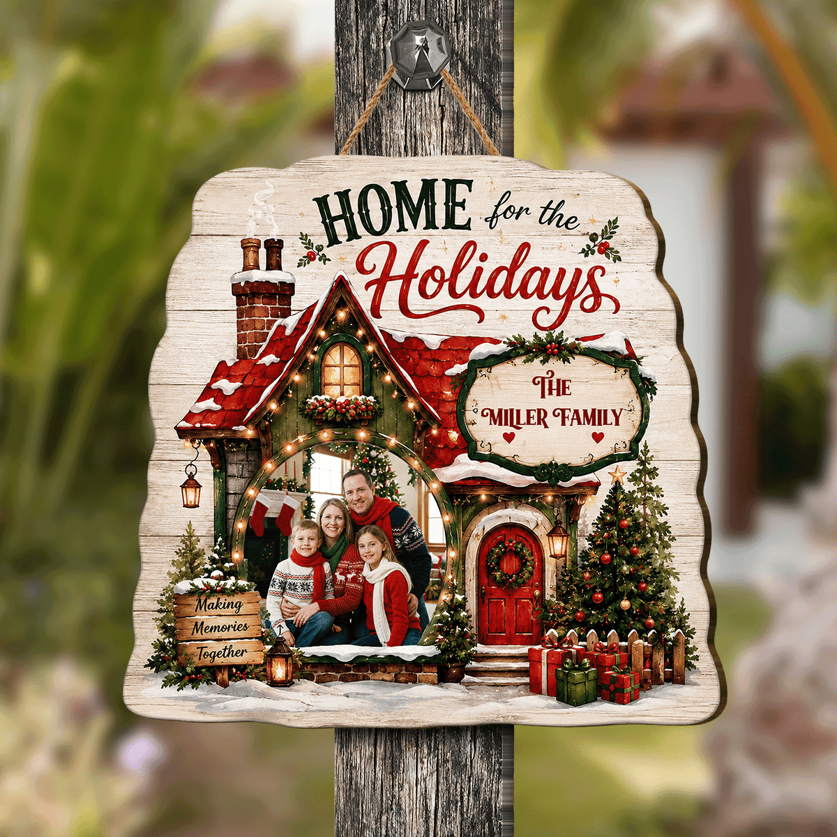 Personalized Home For The Holidays Custom Shape Wood Sign, Custom Family Photo Name Cozy Winter House Wooden Hanging Plaque, Rustic Christmas Door & Wall Decor Family Gift