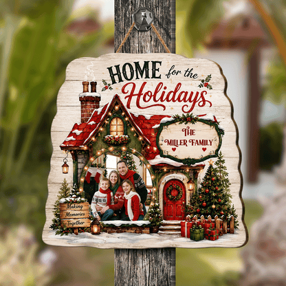 Personalized Home For The Holidays Custom Shape Wood Sign, Custom Family Photo Name Cozy Winter House Wooden Hanging Plaque, Rustic Christmas Door & Wall Decor Family Gift
