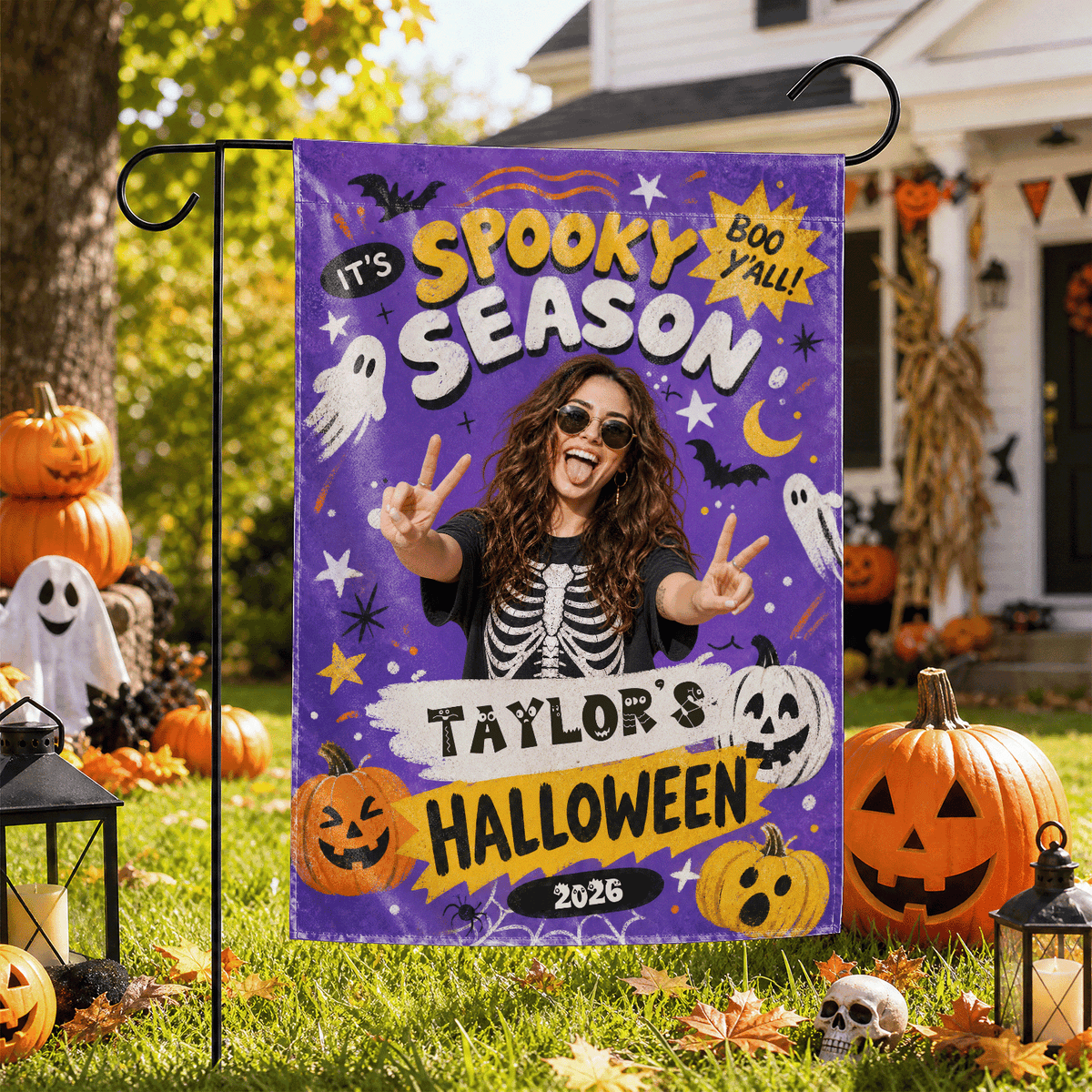 Personalized Spooky Season Custom Photo Ghost Pumpkin Double Sided Outdoor Garden Flag Custom Name Yard Banner