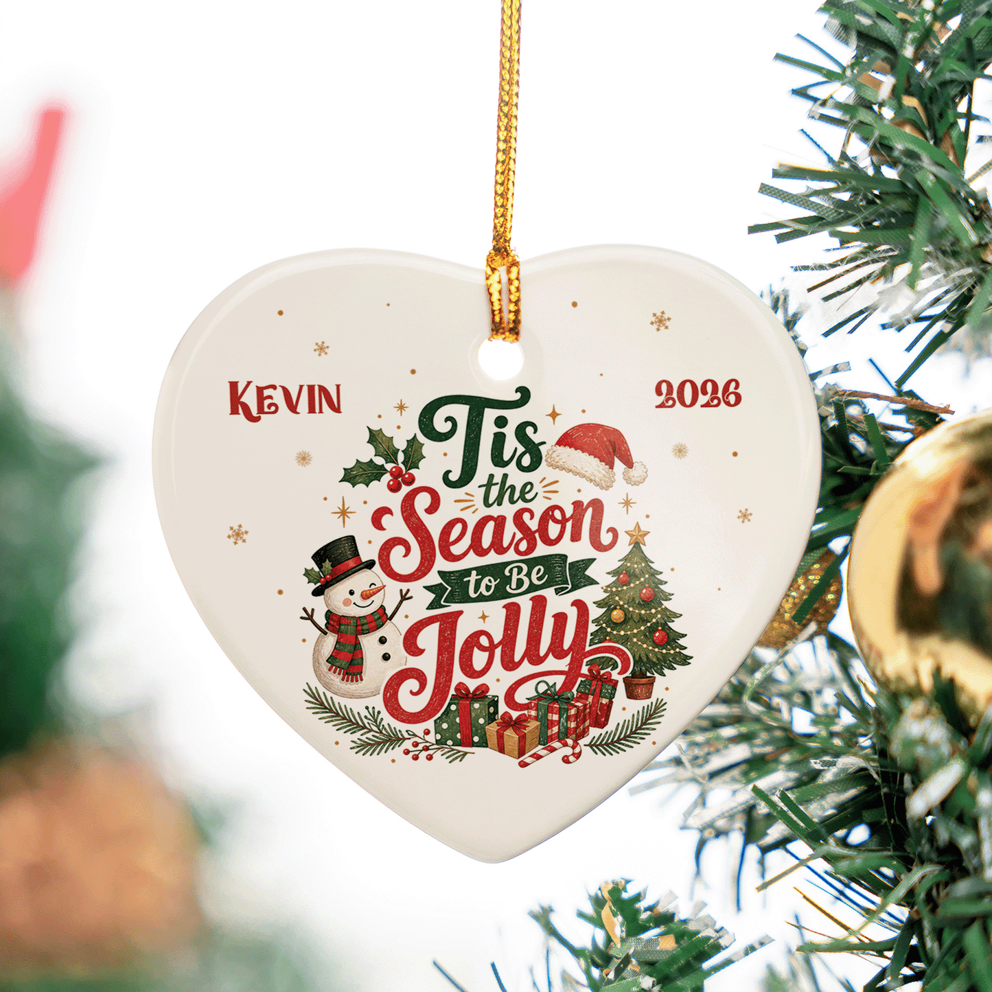 Personalized Tis the Season to Be Jolly Heart Ceramic Ornament, Custom Name Christmas Gift