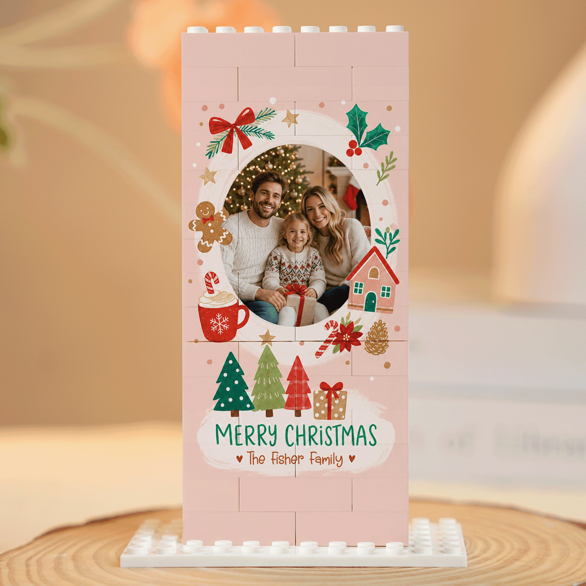 Personalized Photo Christmas Building Block in Blush Pink, Custom Family Name Gingerbread Man & Cozy House Brick Puzzle Keepsake Decor, Festive Holiday Desk Gift
