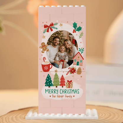 Personalized Photo Christmas Building Block in Blush Pink, Custom Family Name Gingerbread Man & Cozy House Brick Puzzle Keepsake Decor, Festive Holiday Desk Gift