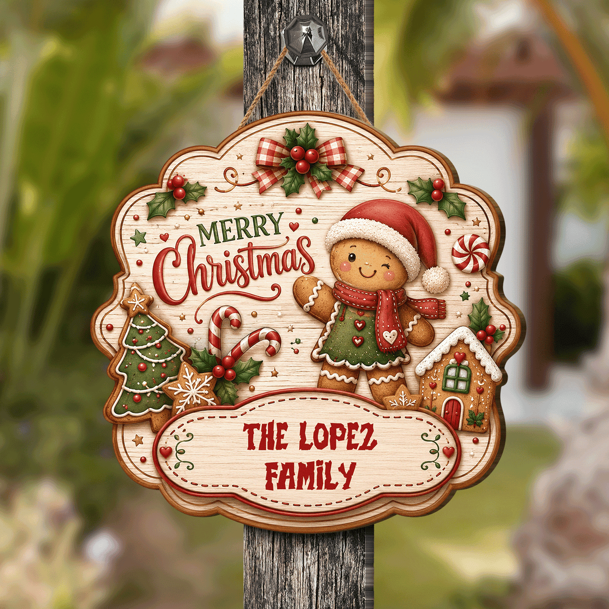 Personalized Gingerbread Merry Christmas Custom Shape Wood Sign, Cute Christmas Door Hanger Custom Family Name Gingerbread Man & House Wooden Plaque, Holiday Wall Decor & Family Gift