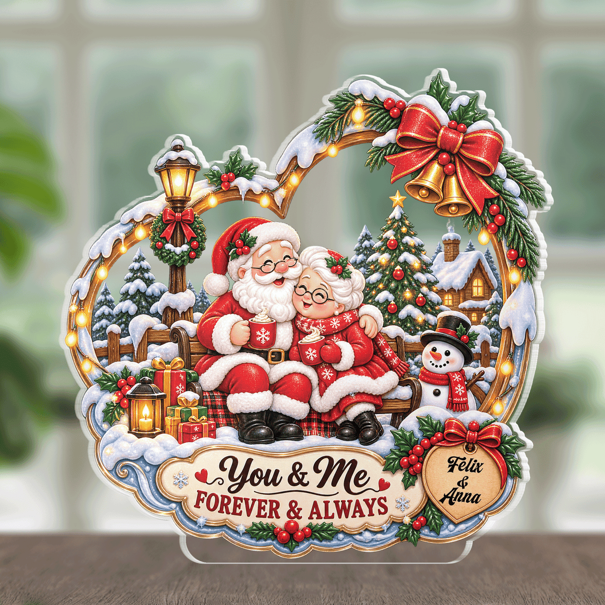 Personalized You & Me Forever & Always Couple Santa Acrylic Heart Plaque, Custom Name Grandparents Parents Xmas Tabletop Keepsake, Romantic Couple Holiday Gift