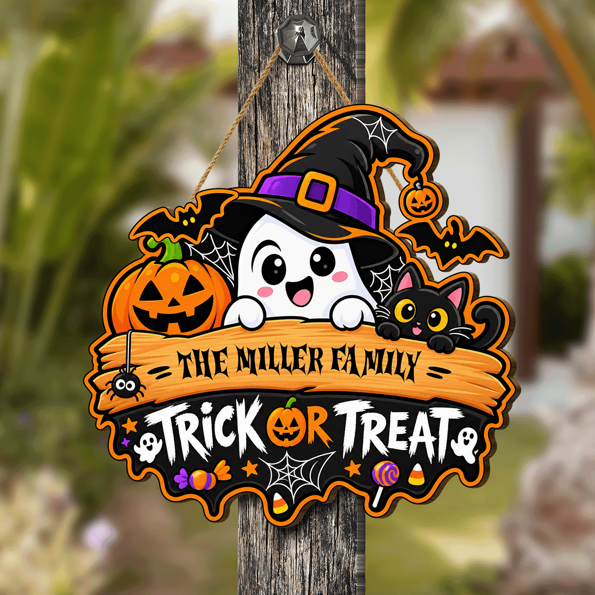 Personalized Halloween Ghost Witch Black Cat Trick Or Treat Custom Shape Wood Sign Spooky Family Name Door Hanger Home Wall Decor
