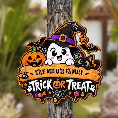 Personalized Halloween Ghost Witch Black Cat Trick Or Treat Custom Shape Wood Sign Spooky Family Name Door Hanger Home Wall Decor