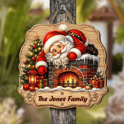 Personalized Santa Fireplace Chimney Custom Shape Wood Sign, Custom Family Name Santa Claus Christmas Tree Wooden Hanging Decor, Holiday Door & Wall Decor Family Gift