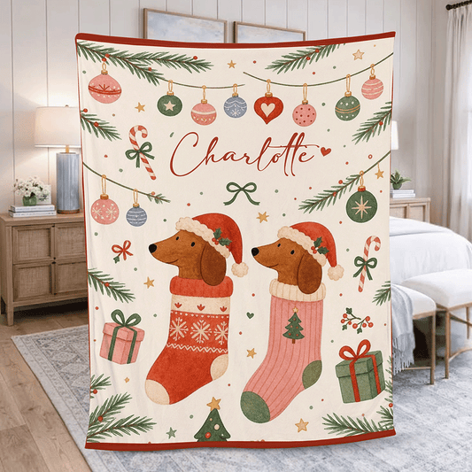 Personalized Dachshund Christmas Blanket, Custom Name Dachshund Dogs in Stockings Holiday Fleece Blanket for Dog Lovers, Cozy Xmas Dog Throw Keepsake Gift