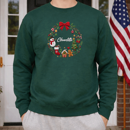 Personalized Embroidered Christmas Wreath Sweatshirt with Custom Name