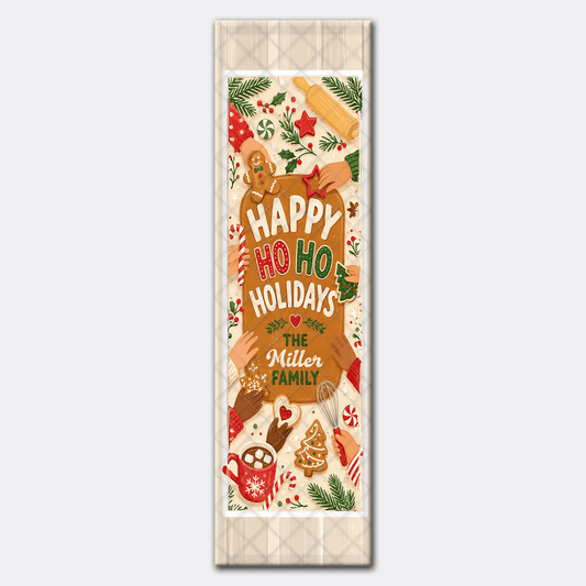 Full length holiday baking runner design with Happy Ho Ho Holidays on cookie dough surrounded by treats and hands