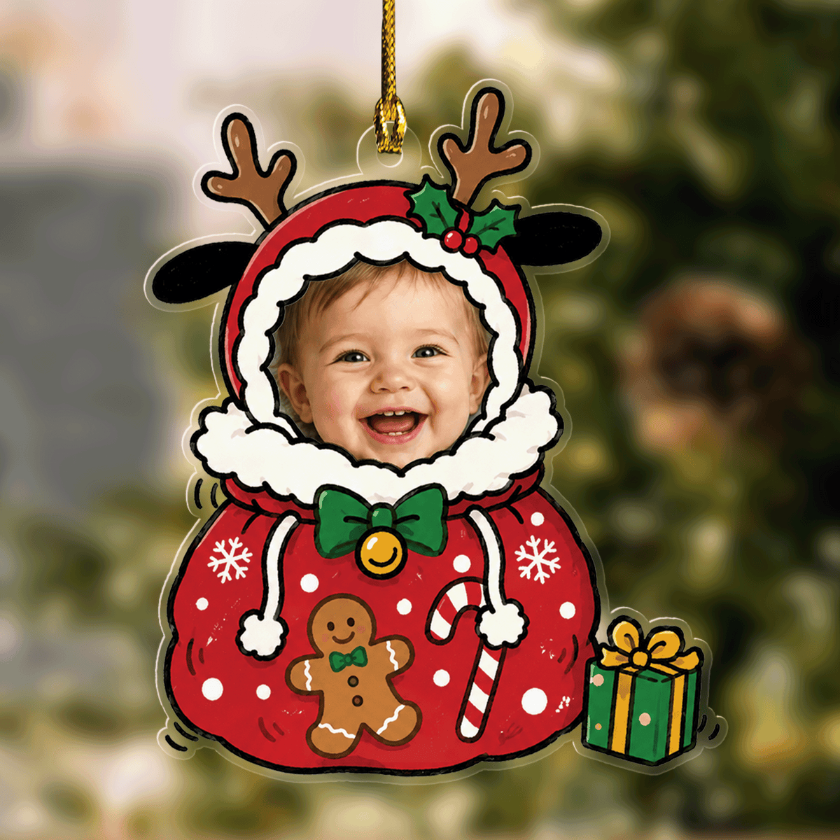 Acrylic ornament of a baby face in a reindeer antler hood inside a red Christmas gift sack with gingerbread and candy cane