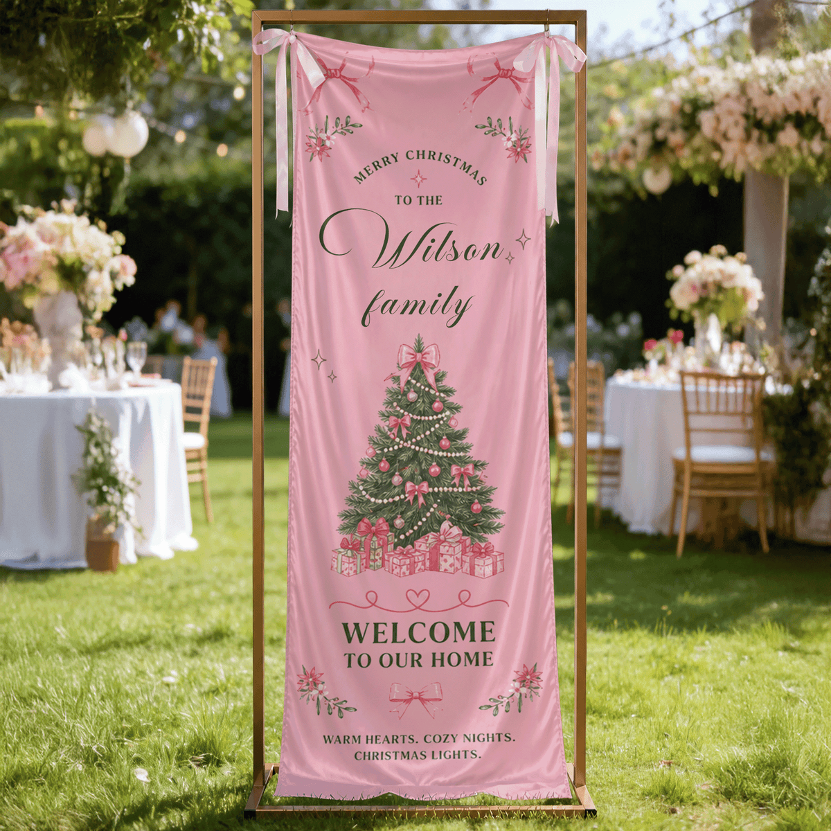 Coquette Pink Ribbon Bow Christmas Tree Family Fabric Welcome Banner, Personalized Family Name Home Entrance Hanging Sign with Ribbon Ties, Elegant Pastel Xmas Party Decor
