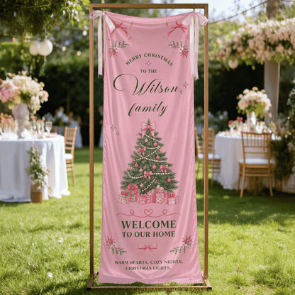 Coquette Pink Ribbon Bow Christmas Tree Family Fabric Welcome Banner, Personalized Family Name Home Entrance Hanging Sign with Ribbon Ties, Elegant Pastel Xmas Party Decor
